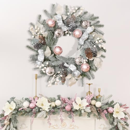 Elyum 20 Inch Christmas Wreath with Lights, Balls, Ribbon, Berries & Pine Cones - Front Door Holiday Decor