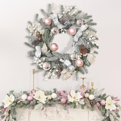 Elyum 20 Inch Christmas Wreath with Lights, Balls, Ribbon, Berries & Pine Cones - Front Door Holiday Decor