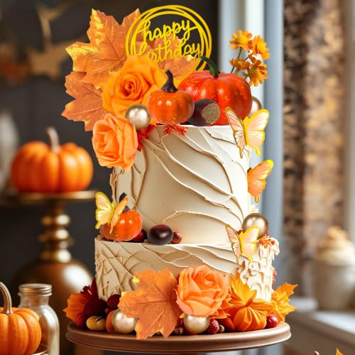 Fall Cake Topper Set with Autumn Flowers, Pumpkins & Maple Leaves for Thanksgiving