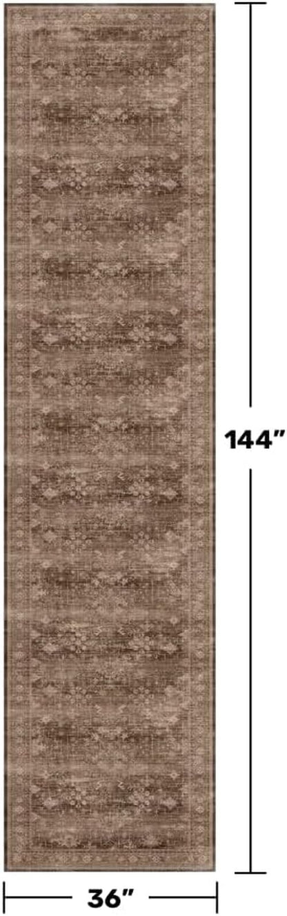 Hazo Haus Brown Boho Washable 3x12 Extra Long Hallway Runner Rug - Waterproof, Non-Slip, Stain & Fade Resistant
