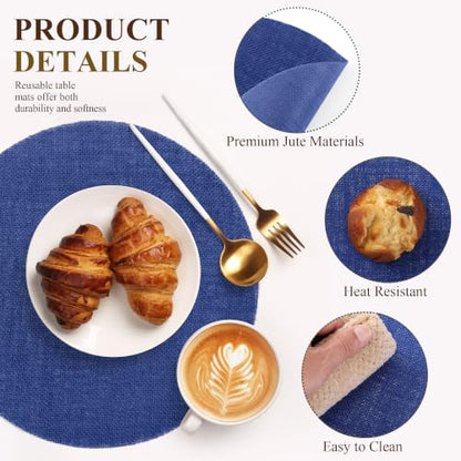 Blue Burlap Placemats Set of 50 - 13.78 Inch Reusable Natural Jute Table Mats