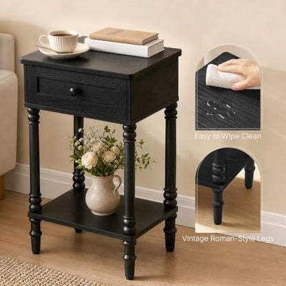 Nightstand with Drawer – Wooden Leg Bedside Table with Lower Shelf