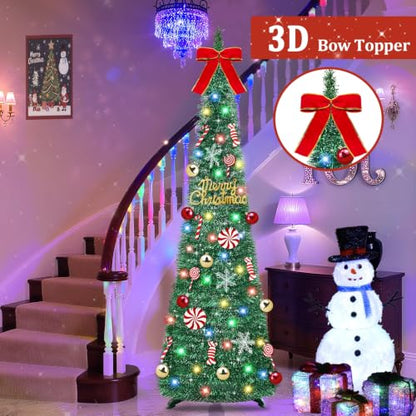 Green 6 Ft Pop Up Christmas Tinsel Tree with Lights & Ornaments - Collapsible Holiday Decor