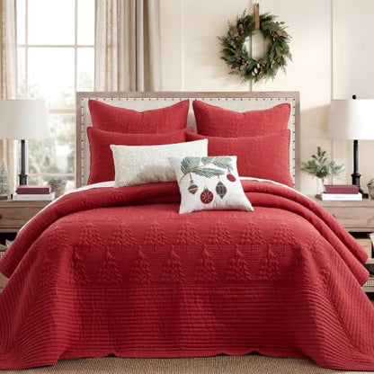 Reversible Christmas Tree Bedspread Set - King Size Red Quilted Bedding with Shams - Holiday Decor