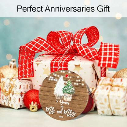 5th Anniversary Ornament for Couple - 5 Year Wedding Keepsake Gift - Mr & Mrs Decor - 2.9 Inch Ceramic Decoration - Gold Hanging String - 2026