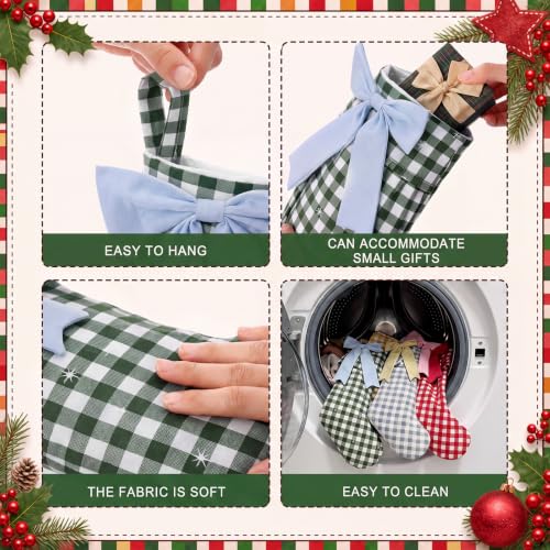 Christmas Gingham Stockings with Bow Set - 18 Inch Holiday Decor, Red, Green, Yellow & Gray
