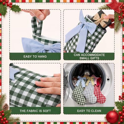 Christmas Gingham Stockings with Bow Set - 18 Inch Holiday Decor, Red, Green, Yellow & Gray