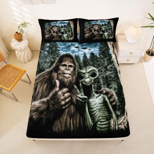 Castle Fairy Bigfeet and Alien Full Size Bed Sheet Set - W54xL75 Inches