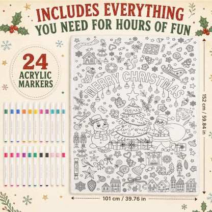 Christmas DIY Coloring Blanket Set for Adults & Kids - Cozy Washable Throw with Markers