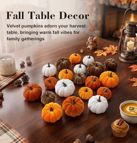 Fall Pumpkin Decor Set - 20 Velvet Artificial Pumpkins for Autumn Home Decorations