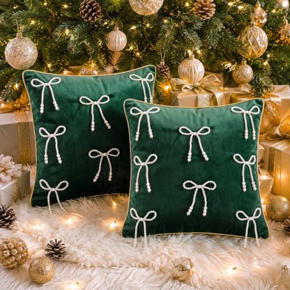 Dark Green Velvet Christmas Throw Pillow Covers with Pearl Bow Set - 18x18 Inches