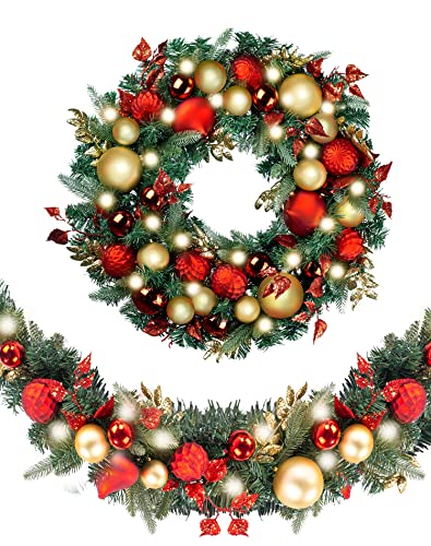 Pre-Lit Christmas Wreath and Garland with 50 LED Lights Red Gold Theme