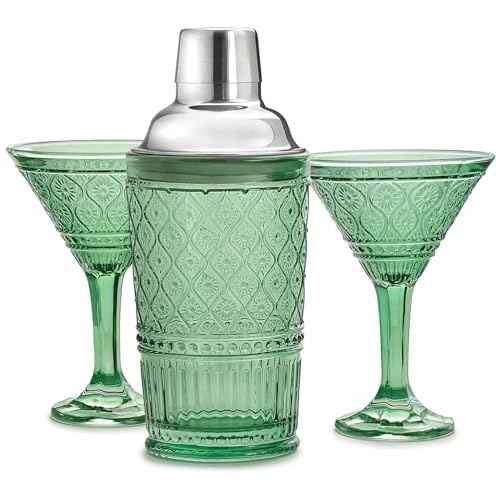Godinger Cocktail Shaker and Martini Glasses Barware Gift Set, Martini Shaker and 2 Cocktail Glasses Set, Vintage Decor, Claro Collection, Sage