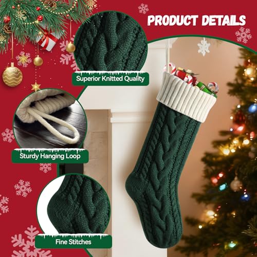 18-Inch Christmas Stockings Large Knit Socks - Green Body / Ivory Cuff - Pack of 1