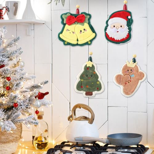 Christmas Hand Towels Set with Hanging Loop - Santa Gingerbread Tree Square - 4 pcs