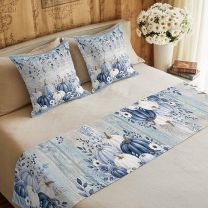 83 x 20 Inch Fall Bed Runner & Pillow Cover Set - Navy Blue Pumpkin Decor