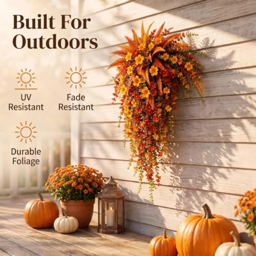 Artificial Fall Harvest Hanging Basket with Lifelike Flowers - Autumn Porch Decor - Variation 2
