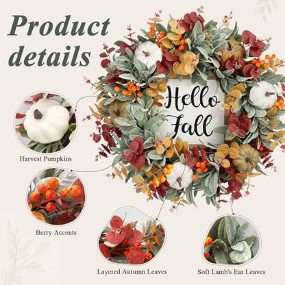 26 Inch Fall Wreath for Front Door with Hello Fall Sign - Rustic Autumn Decor