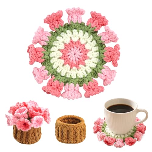 Flower Crochet Coasters Set of 2 with Plant Pot Holder - Handmade Floral Drink Protectors