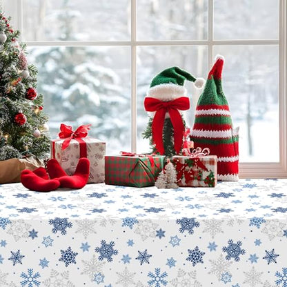 Disposable Snowflake Plastic Tablecloth 54x108 Inches - Blue Holiday Party Cover - 4 Pack