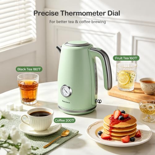 Electric Kettle 1.7L Retro Green Fast Boil with Thermometer & Water Level Window
