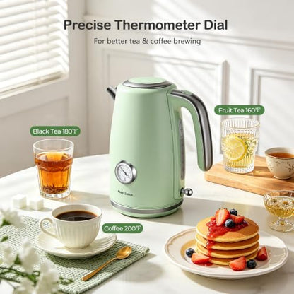 Electric Kettle 1.7L Retro Green Fast Boil with Thermometer & Water Level Window