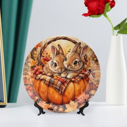 Cute Autumn Pumpkin Rabbits Decorative Bone China Plate 8in - Style 1
