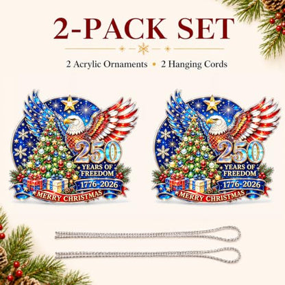 Patriotic 2-Pack Christmas Ornaments - USA 1776-2026 Anniversary Eagle & Flag Set - Red, White & Blue Holiday Decor