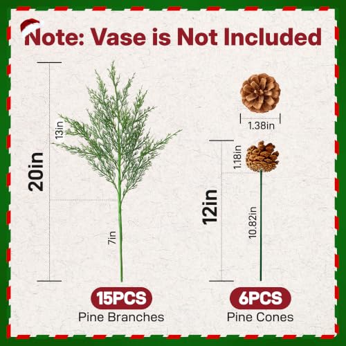 21PCS Artificial Cedar Stems with Pinecones for Holiday Decor - Norfolk Pine Branches & Cones, Indoor Outdoor