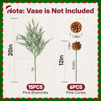 21PCS Artificial Cedar Stems with Pinecones for Holiday Decor - Norfolk Pine Branches & Cones, Indoor Outdoor