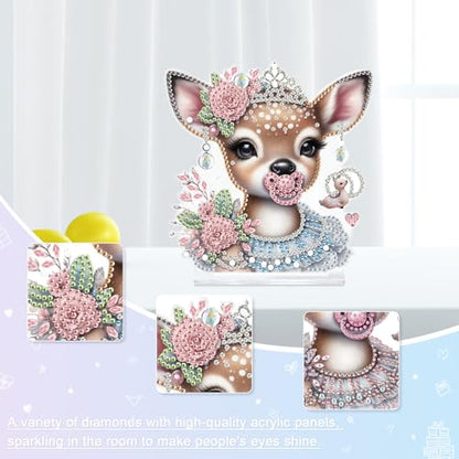 DIY Diamond Painting Deer Ornament Kit with Pink Rose Crown - Tabletop Decor