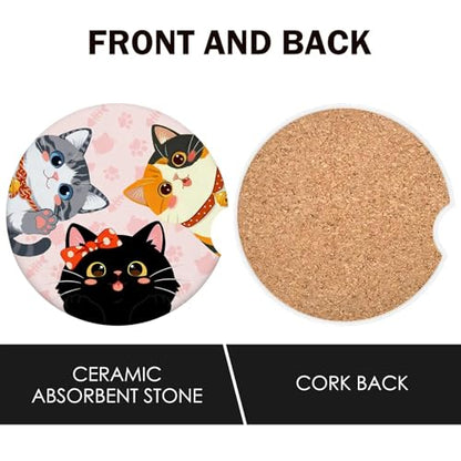 Pink Paws Cat Car Coasters Set of 2 - Absorbent Ceramic with Non-Slip Cork Base, Cute Car Accessories