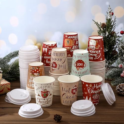 Disposable Christmas Paper Cups with Lids - 8 oz Hot Cocoa Style, 120 Pack