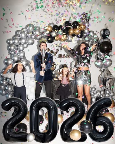 Black 2026 Number Balloons - 40 Inch Giant Foil Party Decor for New Year, Graduation, Christmas