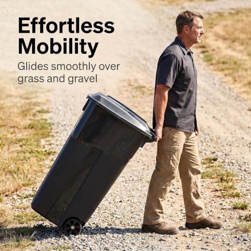 32 Gallon Heavy Duty Plastic Trash Can with Lid and Rugged Wheels - Black
