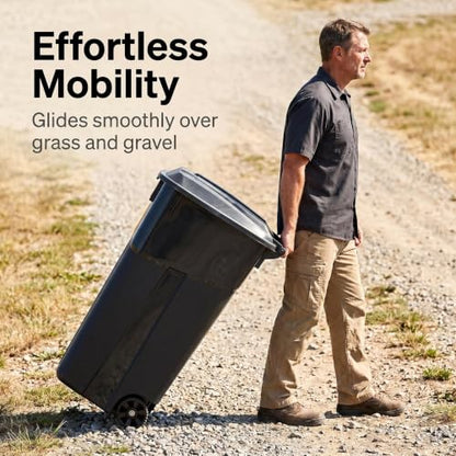 32 Gallon Heavy Duty Plastic Trash Can with Lid and Rugged Wheels - Black