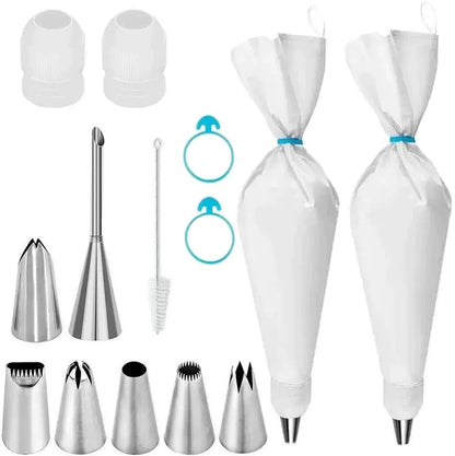 Skiennix 14-Piece Cake Decorating Kit - Reusable Cotton Piping Bags & Icing Tips Set with Couplers and Brush