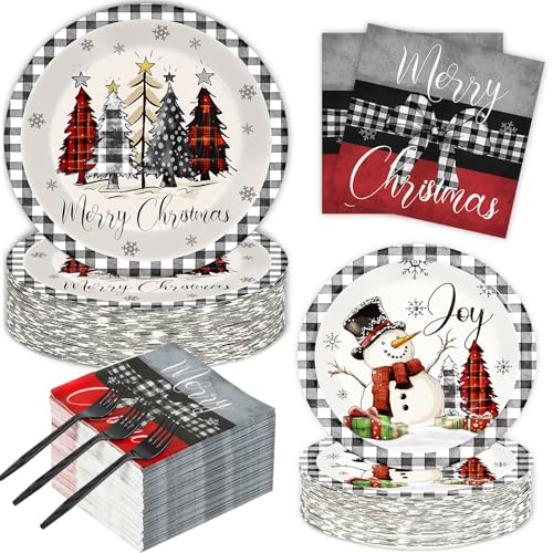 Christmas Paper Plate and Napkin Set - Buffalo Plaid 9x7 Inch, 200 pcs