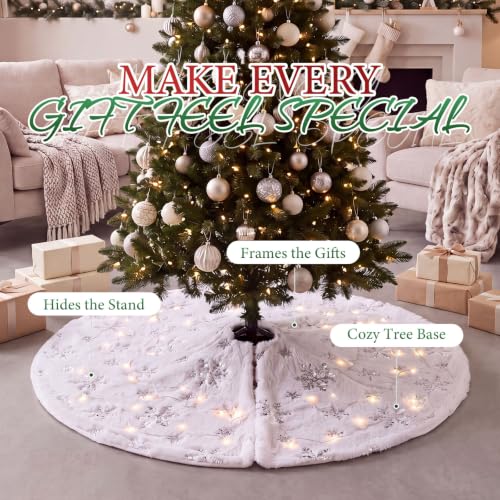 48 Inch White Faux Fur Christmas Tree Skirt with LED Fairy Lights - Silver Snowflakes