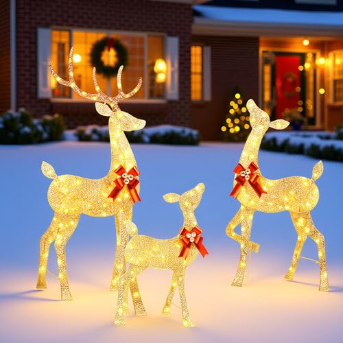 YULETIME 3-Piece Lighted Glitter Reindeer Family Set - 66-Inch Christmas Decor - 2.5D Variant