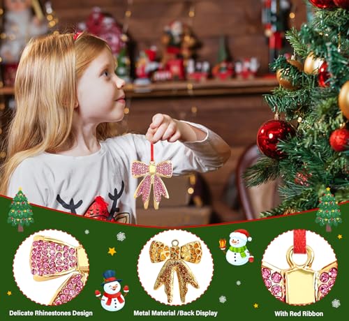Pink Bowknot Christmas Ornament - Sparkly Rhinestone Metal Gift Topper (Variation: Pink Bow)