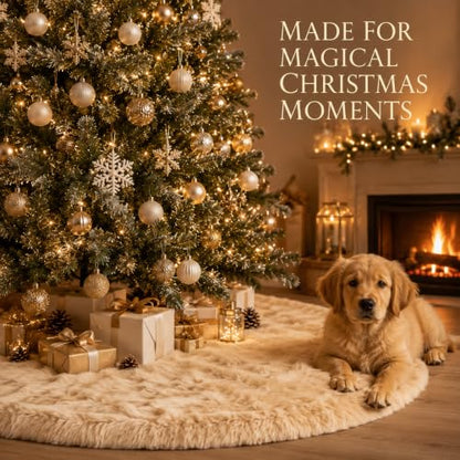 48 Inch Beige Faux Fur Christmas Tree Skirt - Holiday Decor for Xmas Tree