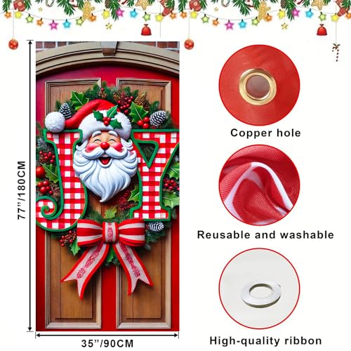 JOY Santa Face Door Cover with Gingham Letters - Red Christmas Decoration - Variation 01