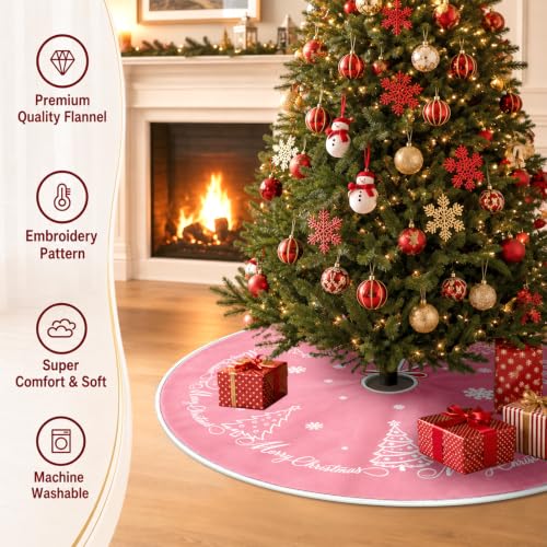 Pink Velvet Christmas Tree Skirt 48 Inch Snowflake Embroidery Holiday Decor - Variation of Tree Pink / 48 inch