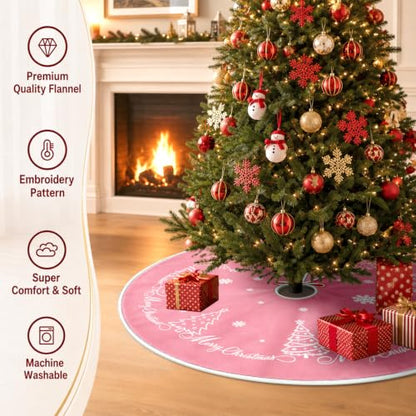 Pink Velvet Christmas Tree Skirt 48 Inch Snowflake Embroidery Holiday Decor - Variation of Tree Pink / 48 inch