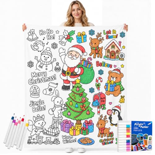 Merry Christmas Coloring Blanket for Adults & Kids - 50 x 60 Inch with 24 Markers