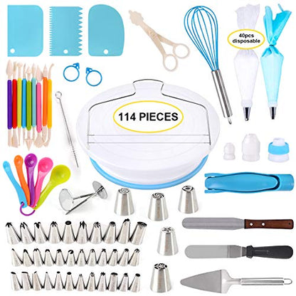 114Pcs Cake Decorating Supplies Kit for Beginners, Cupcake Decorating Tools Baking Supplies Set for Kids and Adults, Cake Turntable Stands, Piping Tips & Bags, Icing Smoother & Spatulas