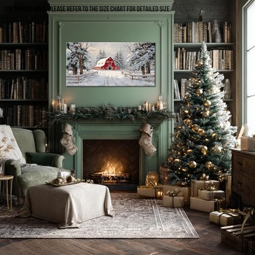 Winter Scene Canvas Wall Art - Farmhouse Rustic Red Barn Snowy Landscape, 15 x 24 Inches - Holiday & Seasonal Decor