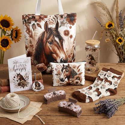 Boho Horse Lover Gift Set with Mug Socks Keychain and Tote Bag for Women