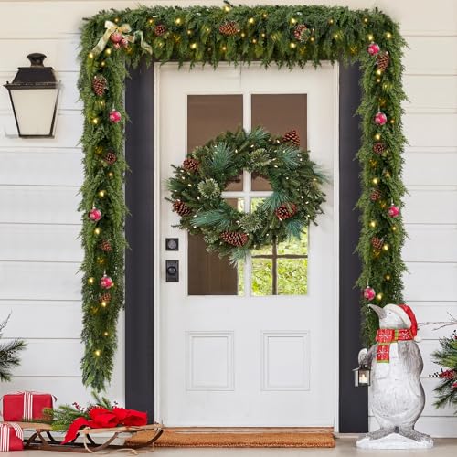 9FT Christmas Garland with Lights - 2 Pack Real Touch Cedar Wreath